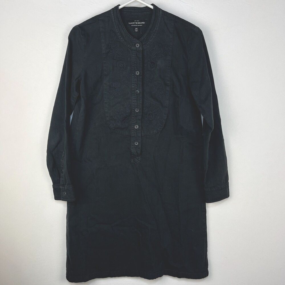 Lucky Brand Popover Dress Black Embroidered Denim Pullover Long Sleeve Boho XS